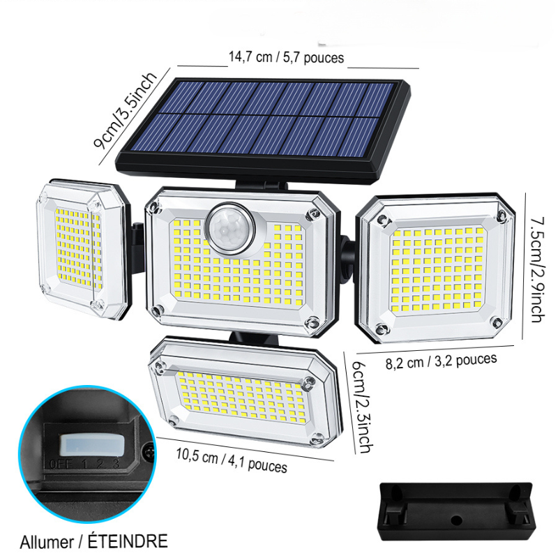 projecteur led extérieur solaire avec tête réglable 333LED, extérieur et intérieur avec ebook gratuit -Luminagreen